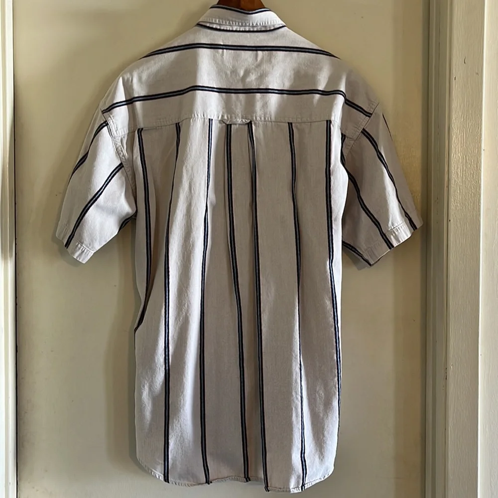 Chaps Ralph Lauren Vintage 1980s Cream Striped Short Sleeve Dress Shirt |M - Picture 2 of 9